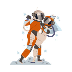 Spaceman or Astronaut Man Character in Space Suit on the Moon Dancing in Pair Vector Illustration