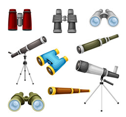 Modern and old optical instruments set. Telescope, binoculars, spyglass vector illustration