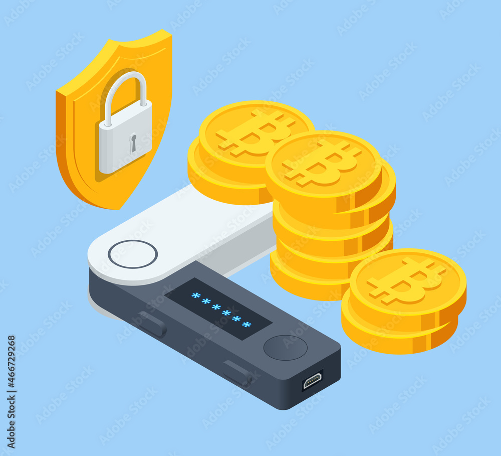 Poster isometric digital wallet technology for cryptocurrency bitcoin. digital wallet application on mobile