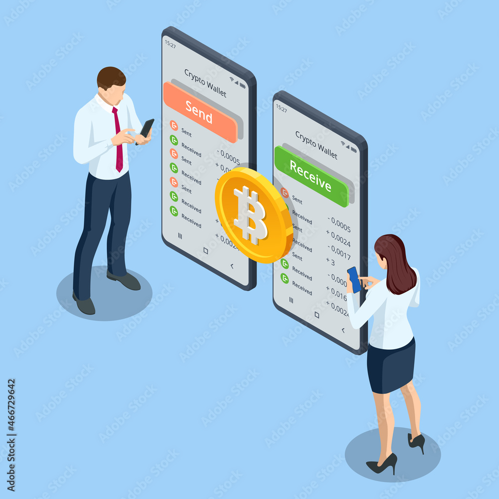 Poster isometric digital wallet technology for cryptocurrency bitcoin. digital wallet application on mobile