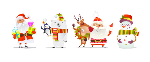 Merry Christmas cartoon characters set of cute Santa Claus, Polar bear, Reindeer, gift box and Snowman - isolated vector