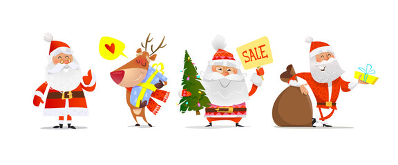 Christmas cartoon characters set of cute Santa Claus, Reindeer, gift box and Christmas tree - isolated vector