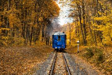 Narrow gauge single track railway and blue vintage departing train in autumn forest in Indian...