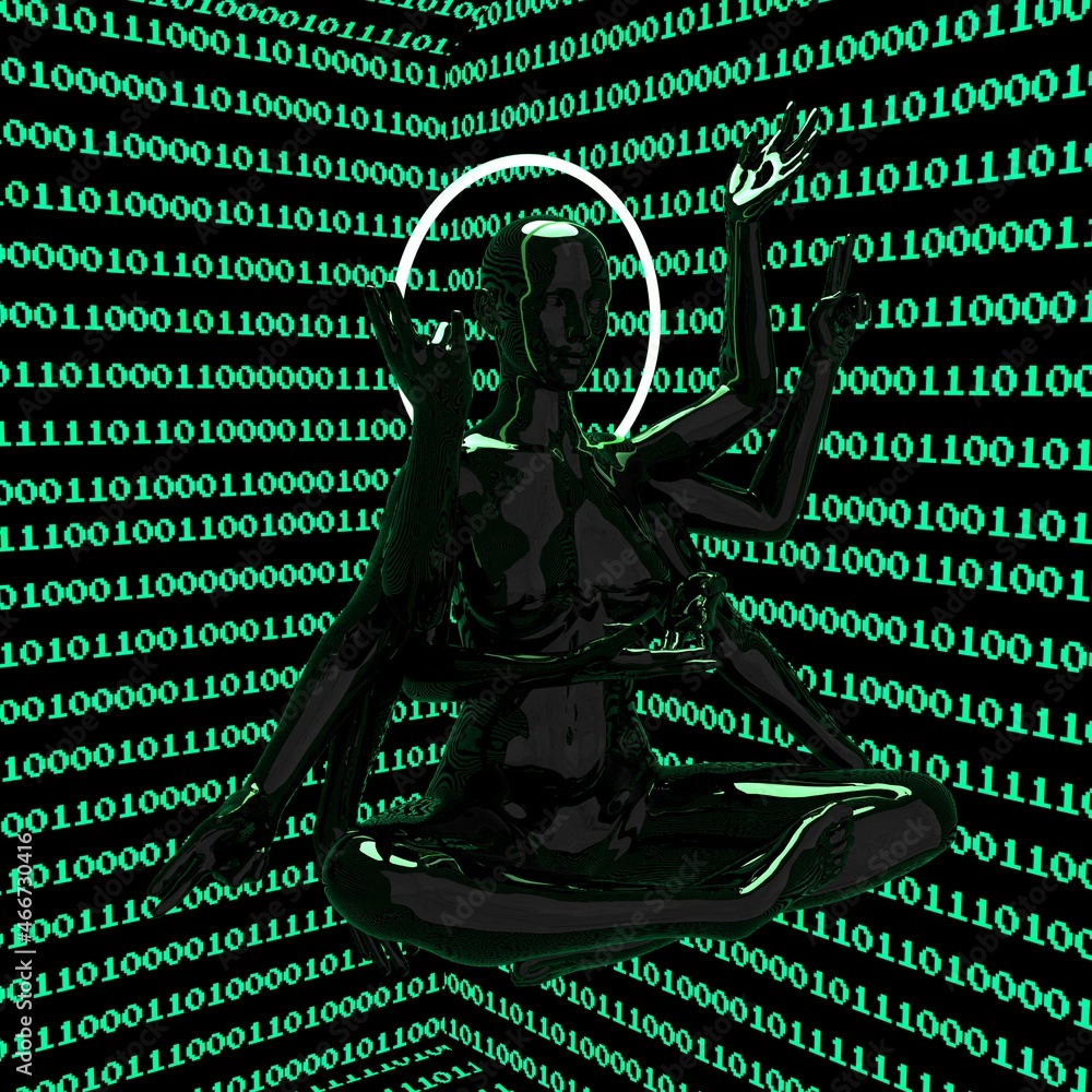 Poster Artificial human or cyber godhead in a lotus pose with many hands. Binary code on the background. 3D illustration.