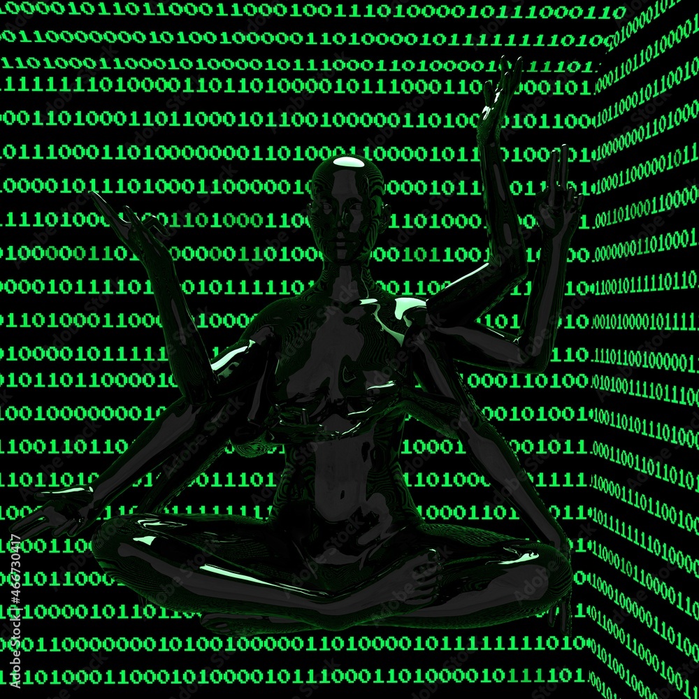 Poster Artificial human or cyber godhead in a lotus pose with many hands. Binary code on the background. 3D illustration.