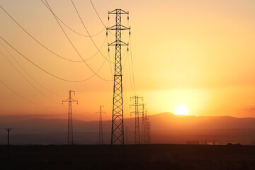 High voltage power lines with amazing sunset.turkey