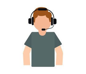 Flat style vector illustration of customer service, male with headphones and microphone.
