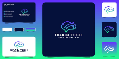 brain technology logo design with minimalistic lines and business card