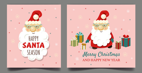 Christmas cards set. Cute Santa Claus. Merry Christmas and Happy New Year. Vector illustration.