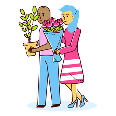 Internationality modern family couple, female hold bouquet flower and male carry home pot plants line flat vector illustration, isolated on white.
