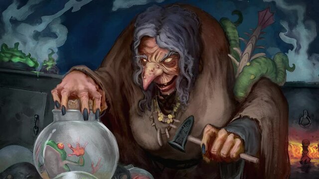Digital animated painting of a witch character gathering a frog for ingredients to make a potion - fantasy illustration