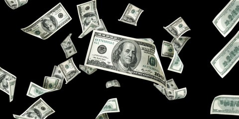 Money stack. Hundred dollars of America. Falling money isolated, us bill black background.