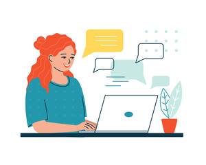 Young woman is sitting with a laptop and is chatting. Online customer support service concept, personal assistant, consultant. Communication in social networks. Isolated vector illustration