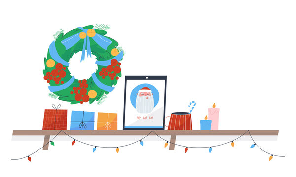 Shelf with gifts decorated with garland and wreath of Christmas tree. Photo of Santa Claus and holiday candles. Flat vector illustration