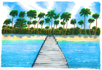 A sketch of a paradise island with a sandy beach, palm trees and a wooden pier