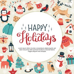 Fototapeta na wymiar Happy holidays greeting card or banner with lettering and cute seasonal elements in circular shape. Hand drawn vector illustration