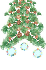 Watercolor hand painted nature winter holiday composition with green christmas tree fir branches, brown cone and blue glass rainbow snowflakes ball toy on the white background for new year card design