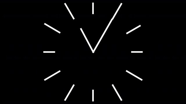 Clock rotation time lapse (11:00 to 12:00). Graphics White on Black (can use as Alpha-Channel).