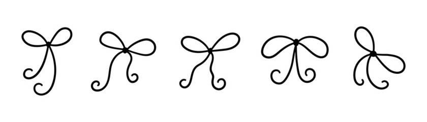 Thread bows with knots. Decorative thin ribbons set. Hand drawn vector illustration isolated in doodle style on white background.