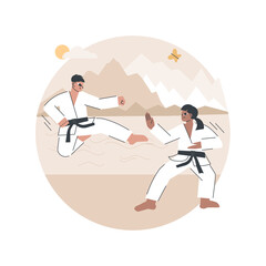Karate camp abstract concept vector illustration. Karate summer camp, vacation program, holiday activity, kids club, fighting sport section, martial arts children competition abstract metaphor.