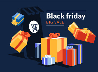 Black Friday advertising online shopping promotion concept. Big smartphone with basket button and many gifts around scene and the advertising text. flat cartoon vector illustration