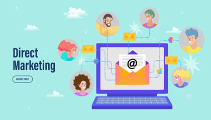 Direct marketing and email campaign concept. A laptop sends a promotional newsletter to a list of customers or subscribers, representing a digital communication and CRM strategy for business.