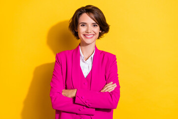 Photo of nice millennial brunette lady crossed arms wear pink blazer isolated on yellow color...