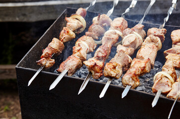 Marinated shashlik preparing on a barbecue grill over charcoal. Traditional Russian shashlik on a barbecue skewer