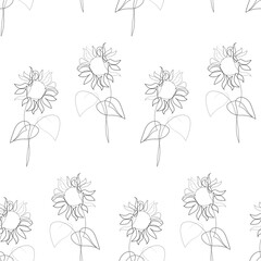 Seamless pattern with one line suflower doodles. Floral background. Endless texture for your design, greeting cards, announcements, posters. Natural vector illustration for textile print, wallpaper