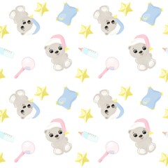Seamless children's paternity. cute decor elements in delicate pink and blue colors. teddy bear,print for children's wallpaper, print background in books. The moon, the hood and the stars
