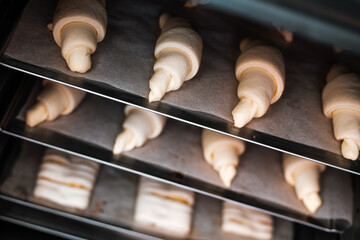 raw croissants on a platter in the oven prepared for baking