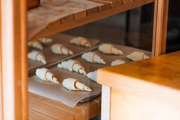 raw croissants on parchment paper prepared for baking