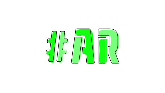 Hashtag #AR. 4K video. Blue font animated isolated on clear White background. Contrasting symbol, moving mobile form, black outline. #AR is abbreviation for the USA state Arkansas