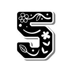 Cute number '5' with doodle flowers, leaves and dots on white silhouette and gray shadow. Lovely letter design for decoration. Vector Illustration about lettering.