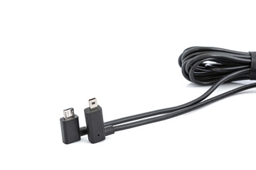 USB A to USB Micro high quality generic black color, USB data cable compatible with all mobile phones or USB devices including on isolated white blackgrofund.