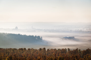 Autumn landscape with fog near village of Horitschon in Burgenland
