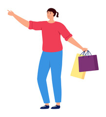 Woman with shopping bag pointing away. Buyer looking for discount