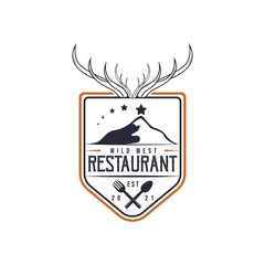 Vintage Restaurant Mountain Logo. Outdoor Cafe. With mountain, spoon, fork, horn, and star symbols. Premium and luxury vector illustration template