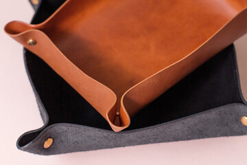 Products made of genuine leather. Tray for small items made of handmade leather. Products for sale made of genuine leather