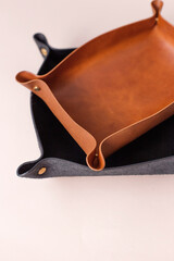 Products made of genuine leather. Tray for small items made of handmade leather. Products for sale made of genuine leather