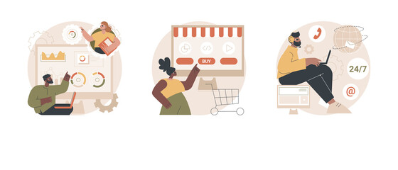 Online services abstract concept vector illustration set. SEO analytics team, digital service marketplace, 24 for 7 service, internet promotion, technical support, call center abstract metaphor.