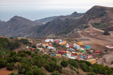 Rural views from Mirador de Jardina located in the Anaga mountain range towards the houses...
