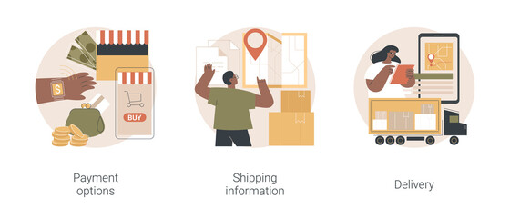 Online shopping website abstract concept vector illustration set. Payment options, shipping information, delivery service, shopping cart, credit card, order processing, express mail abstract metaphor.