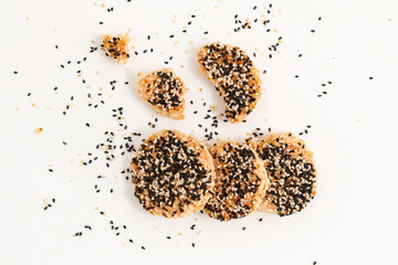 Healthy snack, Broken rice cracker mixed grains topping with Black sesame seed and White sesame...