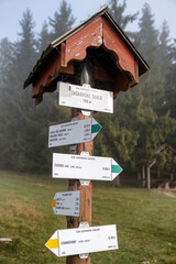 Hiking sign Zaskovske sedlo. Hiking in Slovakia
