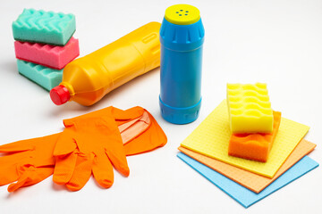 Set of multi-colored household chemicals for cleaning the apartment.