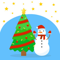 This is a card with a snowman and Christmas tree for the new year or Christmas.