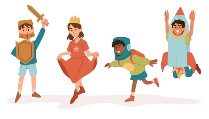 Small children dressed up. Set of boys and girls in knight, princess, astronaut and rocket costumes. Stickers with stylish characters. Cartoon flat vector collection isolated on a white background © Mental Health
