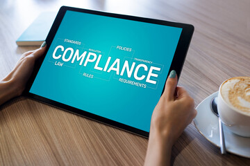 Compliance concept with icons and diagrams. Regulations, law, standards, requirements, audit....