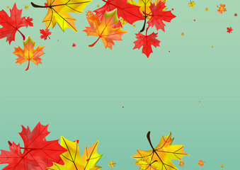 Fototapeta na wymiar Autumnal Leaf Background Green Vector. Plant Design Illustration. Yellow Seasonal Foliage. Paper Leaves Template.